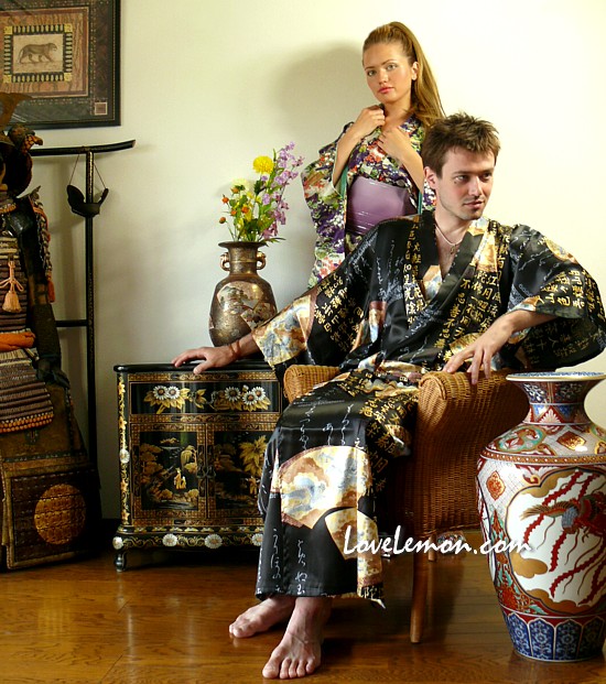шелковый мужской халат-кимоно